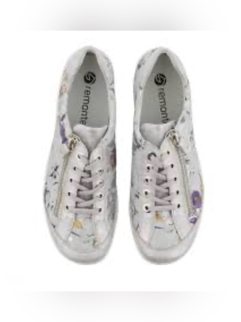 Remonte White Floral Zip-Front Women's Sneaker with Purple Accents. size 39